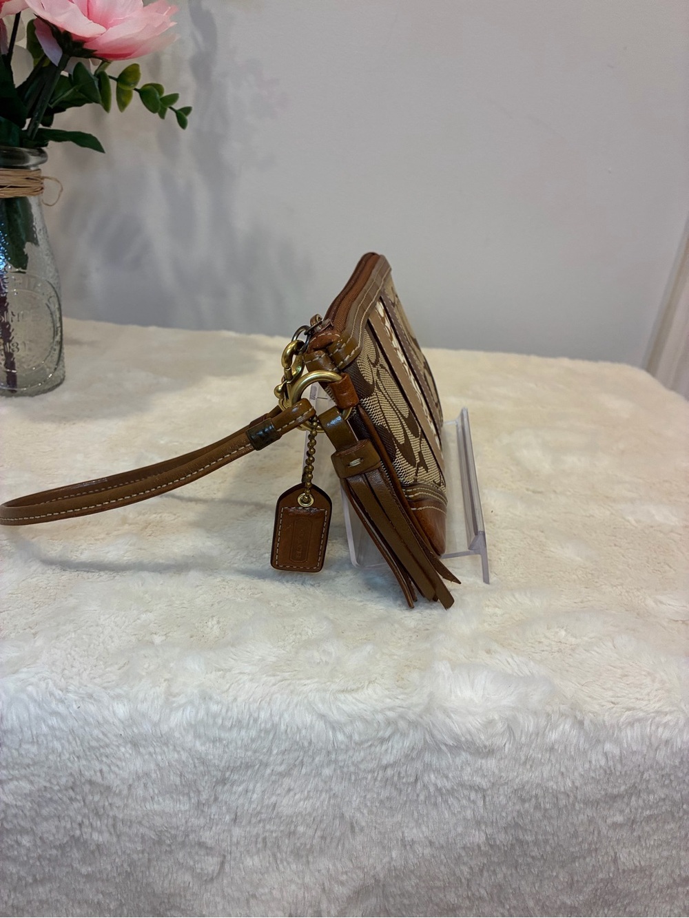 Coach Signature Patchwork Wristlet Brown Tan Leather Tassel Y2K - Picture 2 of 10